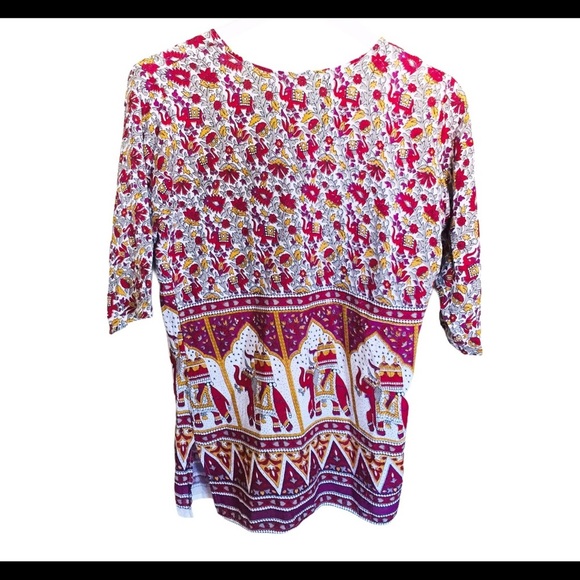 BOHO Vintage Floral Elephant TUNIC/TOP With 3/4 Length Sleeves Red/Purple Small - Picture 9 of 10